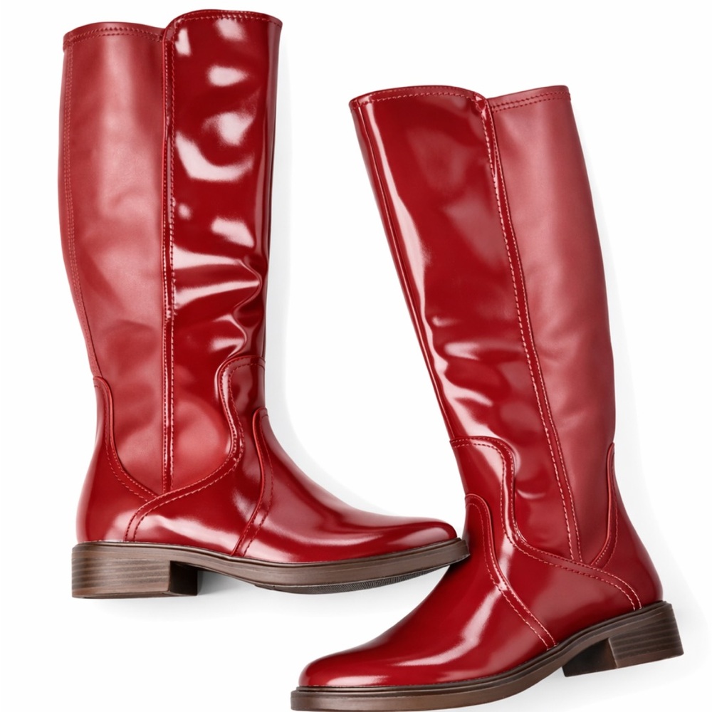 Faux Leather Elastic Boots Low Heel Square Toe Side Zipper Fall Long Tall Boots